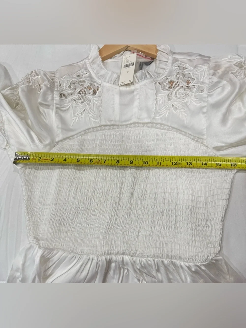 Anthropologie White Smocked Peplum Blouse with Lace Insets
